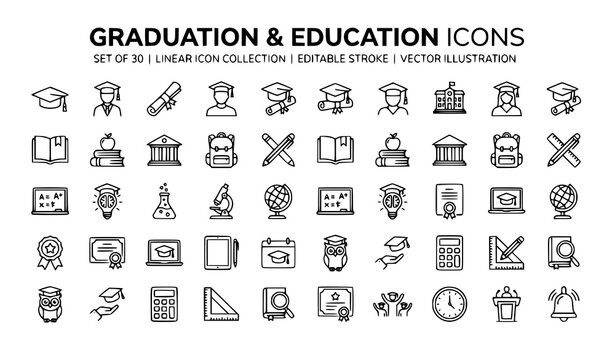 Graduation and Education Line Icon Set with Cap, Diploma, Book, School and Learning Vector Outline Icons