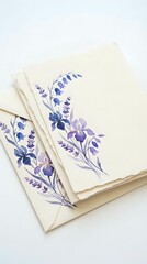 Fototapeta premium Stack of cream stationery with hand-drawn purple floral botanical illustrations featuring iris flowers and lavender sprigs, suitable for correspondence and greeting card design.