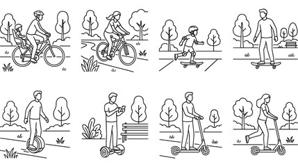 People enjoying outdoor activities on personal transport devices. © SADIKUR