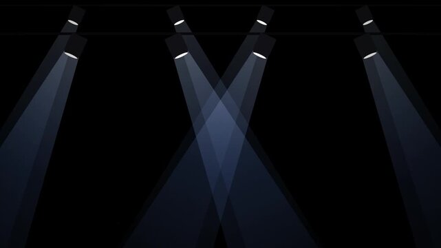 Stage spotlights emitting bright beams of white light in total darkness rows