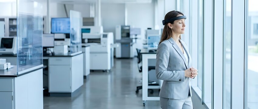 Businesswoman wearing brain sensor headset stands in modern laboratory, exploring neurotechnology and cognitive monitoring for research and innovation concepts.