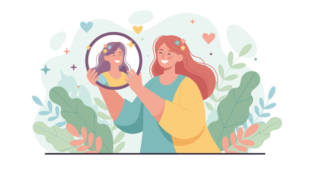 Smiling woman holding round mirror and admiring her positive reflection as symbol of self love and mental health.