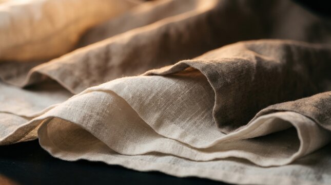 Linen fabric folds soft natural texture in warm light creating cozy textile detail and empty space for design