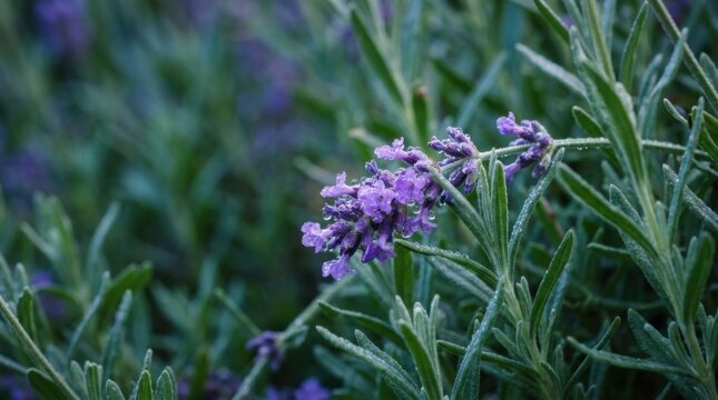 Lavender petal dewdrop macro purple flower stem foliage morning dew fragrant garden