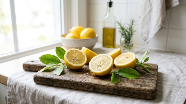 Fresh lemon halves and whole lemon on rustic wooden cutting board with green leaves and kitchen bottle, sunlit window scene evoking bright, natural, refreshing citrus atmosphere