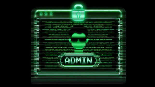 Cyber security admin login interface. Digital hacker profile with glowing green code lines.