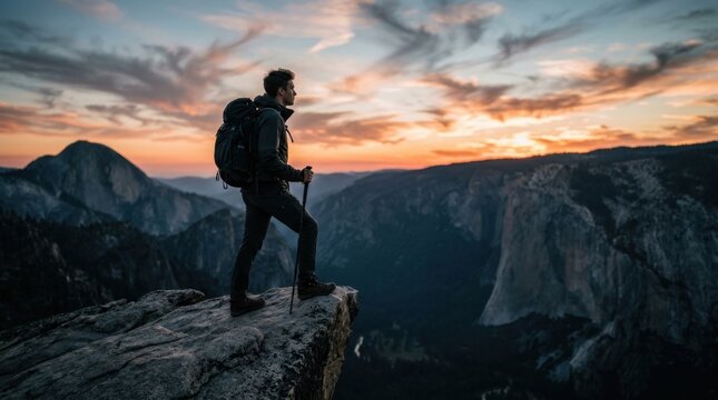 Hiker on granite ledge at sunset with dramatic sky and mountain valley vista, adventurous mood and outdoor exploration