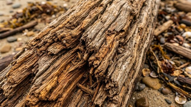 Weathered driftwood log texture close up with warm tones and scattered pebbles and seaweed on sandy shore evoking natural rustic mood