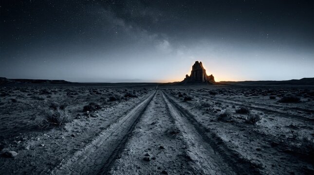 Desert dirt road leading toward isolated rock formation at dawn under starry sky with Milky Way and warm sunrise glow, dramatic vast landscape evoking solitude and wonder