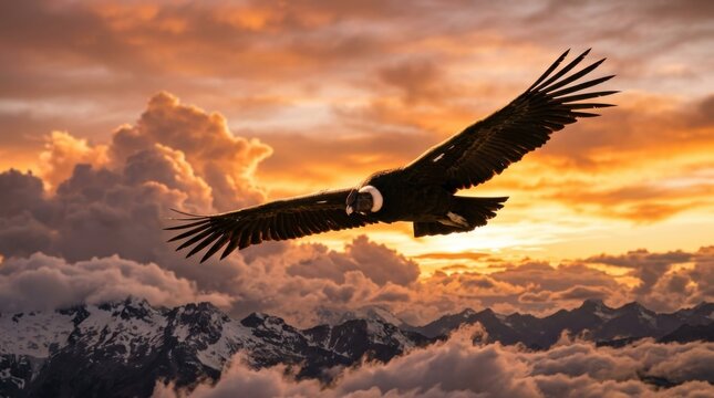 Majestic condor soaring above mountain cloud layer at golden sunset, expansive wingspan and dramatic light evoke freedom and awe