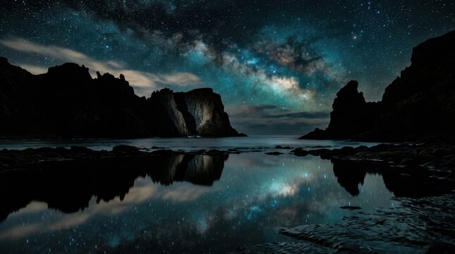 Milky Way arching over dark coastal cliffs with star reflections in tidal pool, serene night sky evokes wonder and solitude