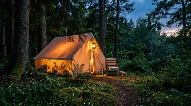 Cozy canvas tent lit by lantern at dusk in forest campsite with chair and mossy ground creating warm inviting atmosphere
