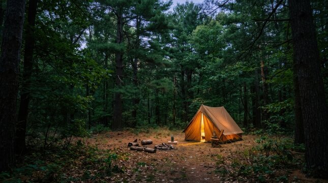 Glowing canvas tent at twilight in pine forest campsite with warm lantern light and stacked firewood creating cozy outdoor atmosphere