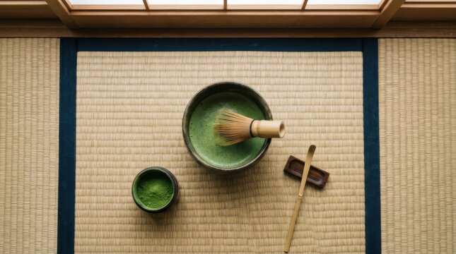 Matcha bowl bamboo whisk green tea ceremony tatami mat matcha bamboo whisk tea bowl tea scoop tatami green tea powder matcha tea tea ceremony wooden scoop ceramic bowl bamboo powder beverage