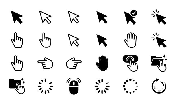 Computer mouse cursor and hand pointer icons set featuring web click loading buffers digital navigation and interface interaction symbols vector