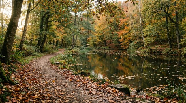 Autumn forest path beside tranquil pond with falling leaves and warm golden light creating peaceful seasonal atmosphere