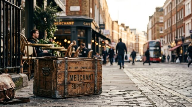 Vintage wooden crate rustic street cafe cobblestone urban scene morning bustle