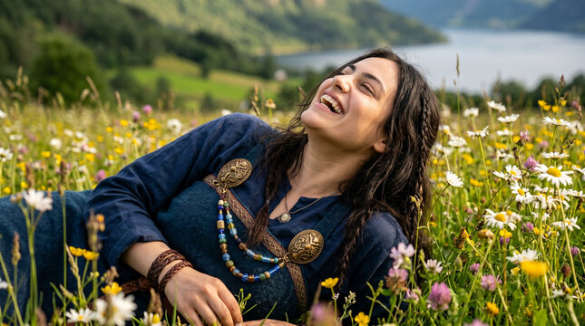 Realistic photo of a joyful woman in a blue medieval tunic lying in a blooming wildflower field near a scenic fjord landscape, female viking
