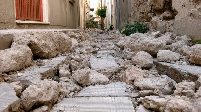 Narrow urban alley with broken pavement, rubble and damaged walls showing an unsafe rough path, abandoned environment, city deterioration and infrastructure damage concept