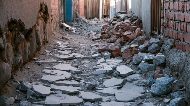 Narrow urban alley with broken pavement, rubble and damaged walls showing an unsafe rough path, abandoned environment, city deterioration and infrastructure damage concept