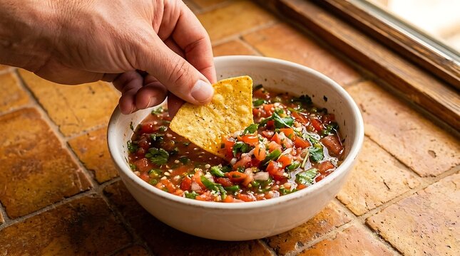 Close up of a hand dipping a corn chip into a fresh tomato salsa bowl, delicious homemade tomato salsa served on a rustic stone table, authentic spicy tomato salsa snack.