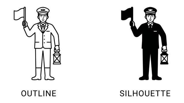 Railway Signalman Icon: Two stylized icons depict a railway signalman, one as an outline and the other as a silhouette, each holding a flag and a lantern.