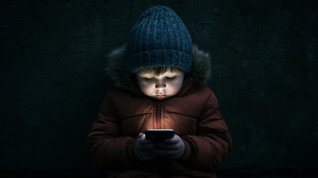 Street crime, security vulnerability and cyber safety concept showing kids mobile addiction with smartphone dependence, digital risk awareness and online protection concerns in modern society
