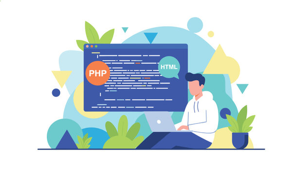 Software developer codes a website on his laptop using hypertext preprocessor and HTML programming languages.