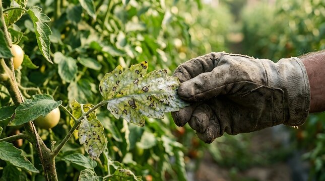 Gloved Hand Holding Diseased Tomato Leaf with Blight in Garden.