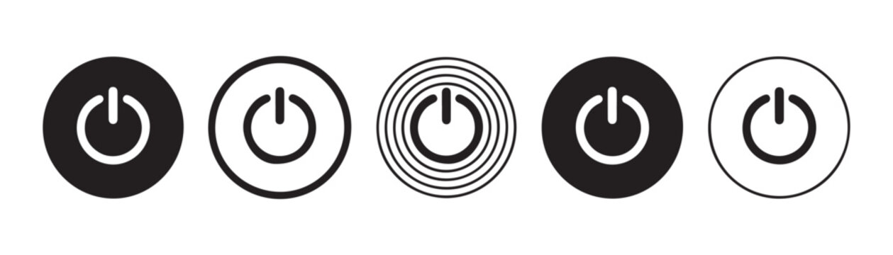 Set of power button icons in black circles and outlines on transparent background.