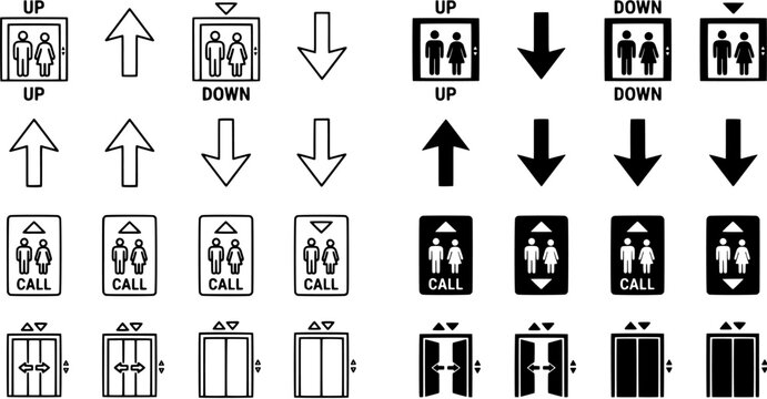 Elevator control icon set. Lift buttons and arrow symbols in solid black and outline styles. Editable vector illustration on white background.
