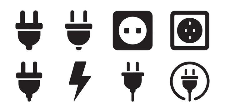 Electric plug and socket icons set with lightning bolt symbols for power connection and charging.