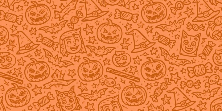 Trendy Cute Halloween Doodle Pattern Featuring Smiling Pumpkins Bats Witch Hats Candy and Stars on Vibrant Orange Background for Modern Seasonal Design