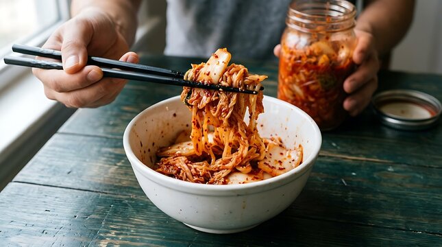 Traditional Korean kimchi served in a white bowl with chopsticks, delicious spicy Korean kimchi fermentation in a glass jar on rustic wood, authentic homemade Korean kimchi for healthy meal.