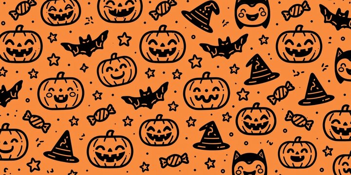Trendy Cute Halloween Doodle Pattern Featuring Smiling Pumpkins Bats Witch Hats Candy and Stars on Vibrant Orange Background for Modern Seasonal Design