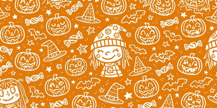 Trendy Cute Halloween Doodle Pattern Featuring Smiling Pumpkins Bats Witch Hats Candy and Stars on Vibrant Orange Background for Modern Seasonal Design