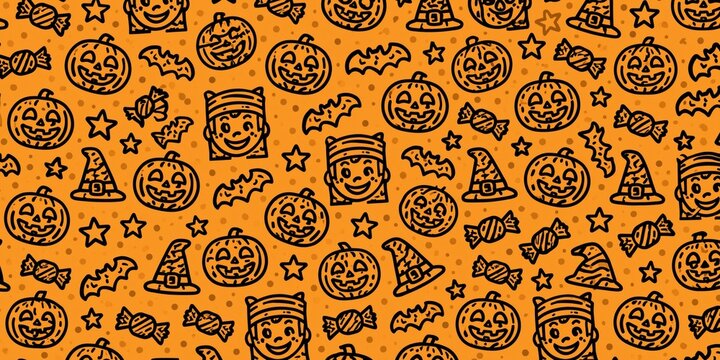 Trendy Cute Halloween Doodle Pattern Featuring Smiling Pumpkins Bats Witch Hats Candy and Stars on Vibrant Orange Background for Modern Seasonal Design