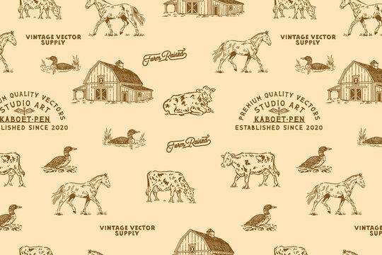 farm illustration animals graphic horse design cow seamless common loon pattern vintage