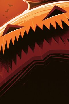 Aggressive Jack O Lantern Close-Up with Razor Sharp Carved Grin and Fiery Orange Glow Dark Halloween Poster Style