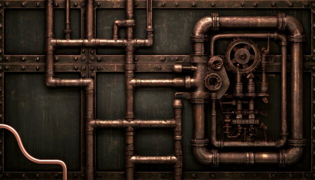 Intricate network of rusty metal pipes. Industrial plumbing system with oxidized copper tubes.
