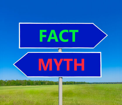 Fact or myth words symbol. Concept words Myth and Fact on beautiful blue road sign. Beautiful blue sky background. Business and fact or myth concept. Copy space.