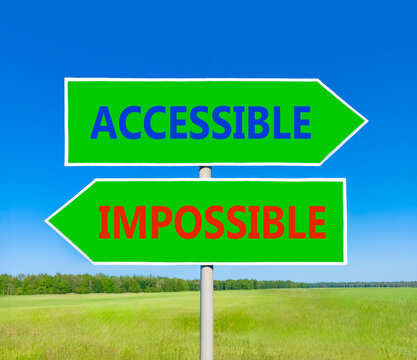 Accessible or impossible symbol. Concept words Accessible or Impossible on beautiful green road sign. Beautiful blue sky background. Business accessible or impossible concept. Copy space.