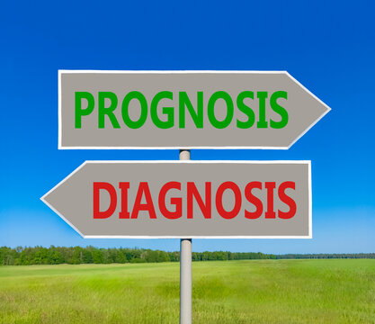 Prognosis vs diagnosis words symbol. Concept words Prognosis Diagnosis on beautiful grey road sign. Beautiful blue sky background. Business medical prognosis vs diagnosis concept. Copy space.
