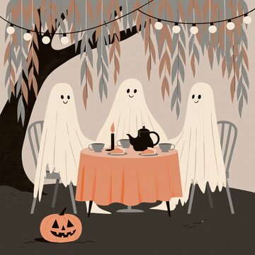 Cozy Halloween Tea Party with Cute Friendly Ghosts, Pumpkin Decor and Warm Candlelight Under Autumn Leaves