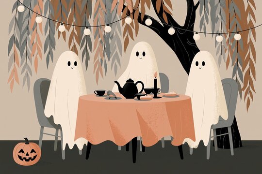 Cozy Halloween Tea Party with Cute Friendly Ghosts, Pumpkin Decor and Warm Candlelight Under Autumn Leaves