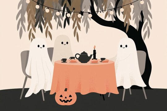 Cozy Halloween Tea Party with Cute Friendly Ghosts, Pumpkin Decor and Warm Candlelight Under Autumn Leaves