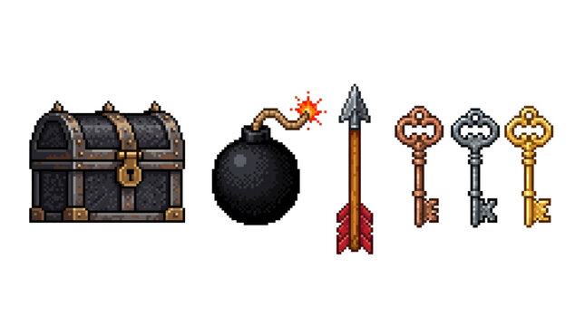 Pixel art fantasy game assets set including treasure chest bomb arrow and three keys.