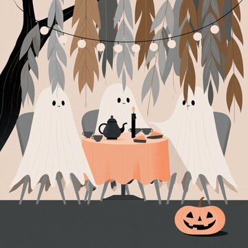 Cozy Halloween Tea Party with Cute Friendly Ghosts, Pumpkin Decor and Warm Candlelight Under Autumn Leaves