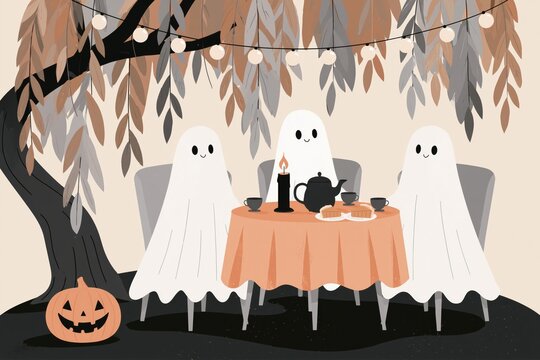 Cozy Halloween Tea Party with Cute Friendly Ghosts, Pumpkin Decor and Warm Candlelight Under Autumn Leaves