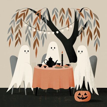 Cozy Halloween Tea Party with Cute Friendly Ghosts, Pumpkin Decor and Warm Candlelight Under Autumn Leaves